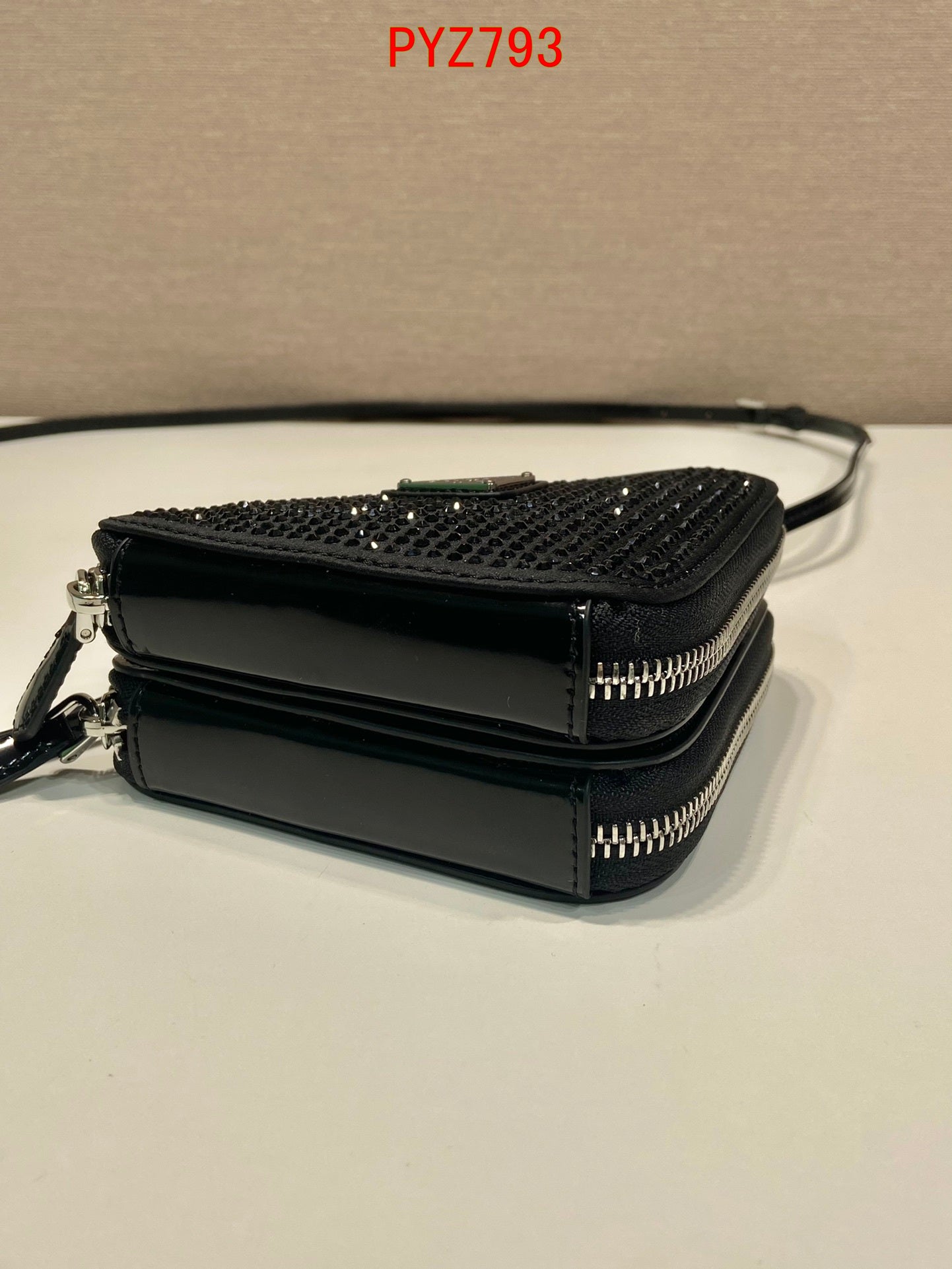 Prada Triangular embellished satin and leather mini-pouch