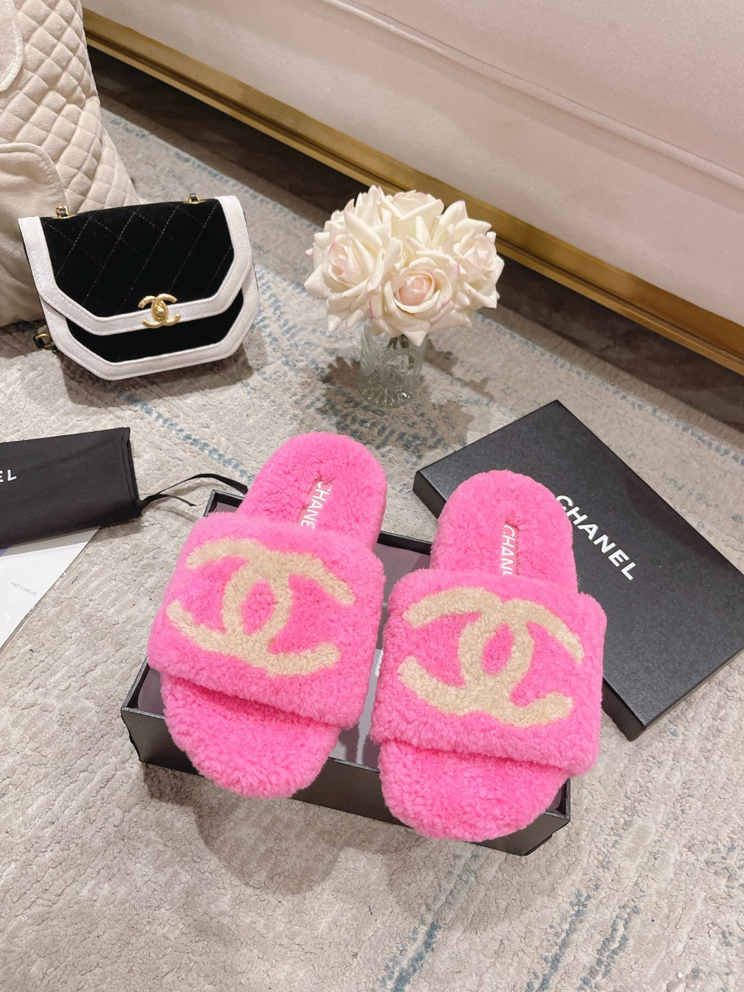 Chanel Fluffy Slides