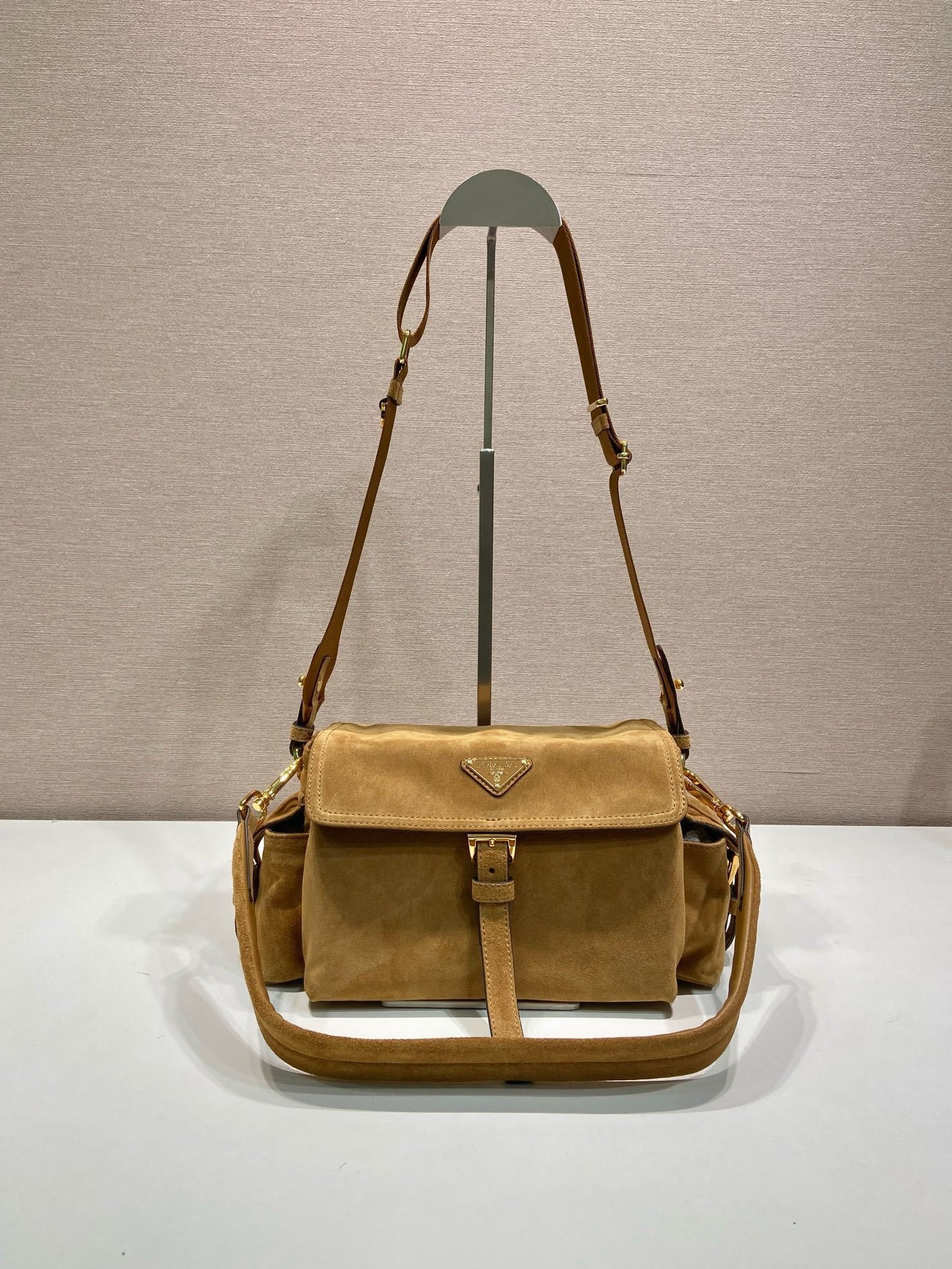 Prada Explore medium suede shoulder bag with fla