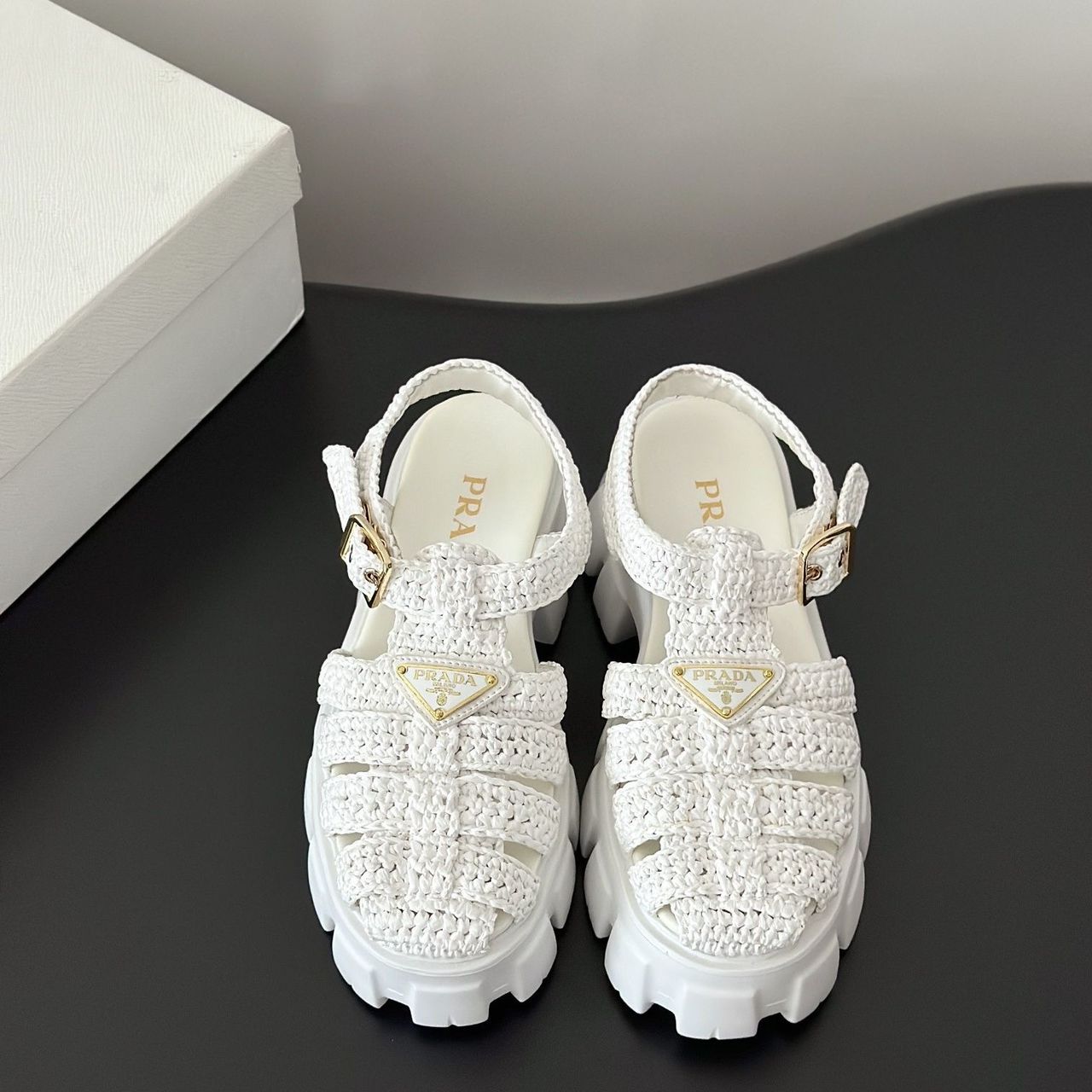 Prada Straw Platform Sandals
