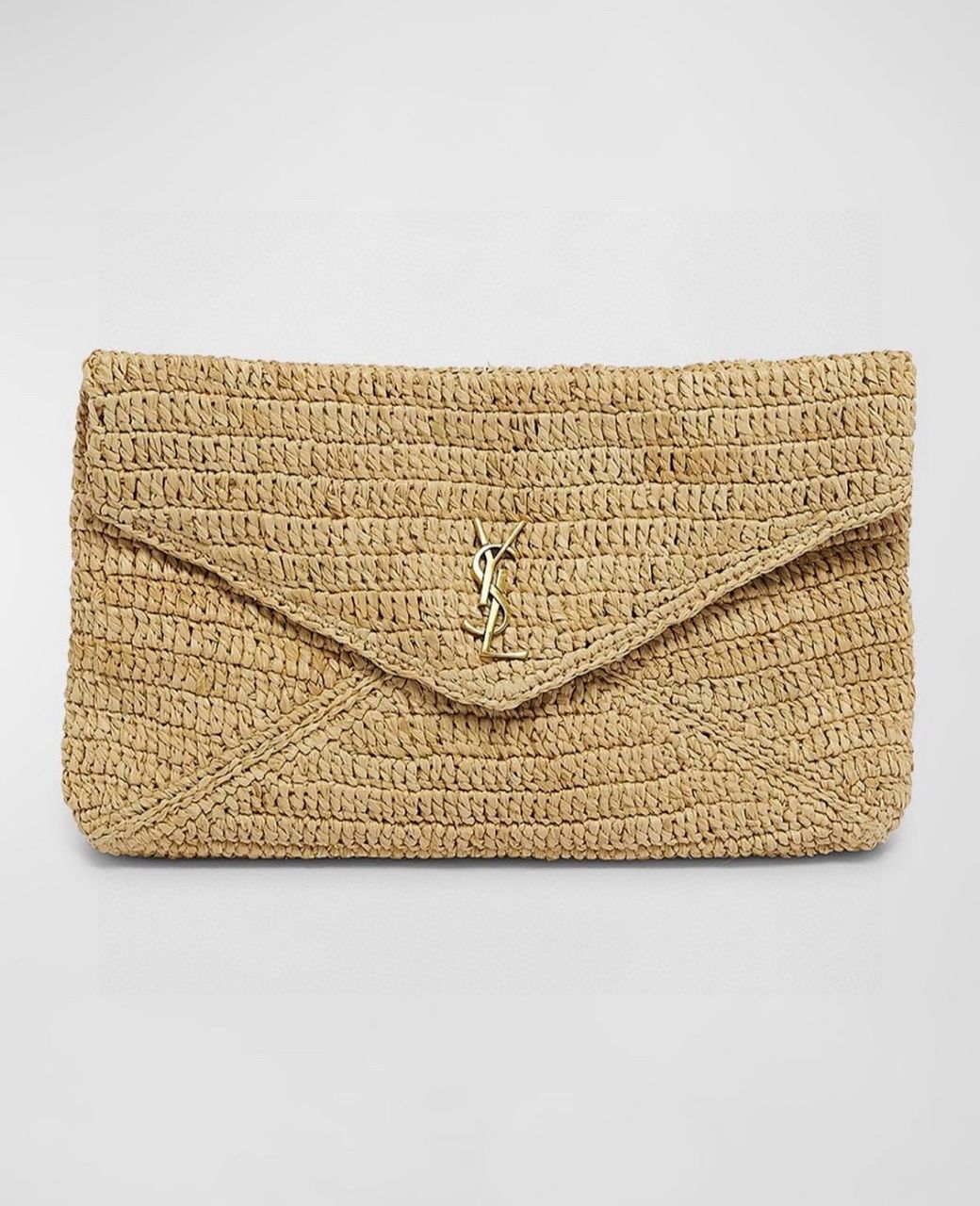 YSL Large YSL Envelope Pouch Clutch Bag In Raffia & Leather