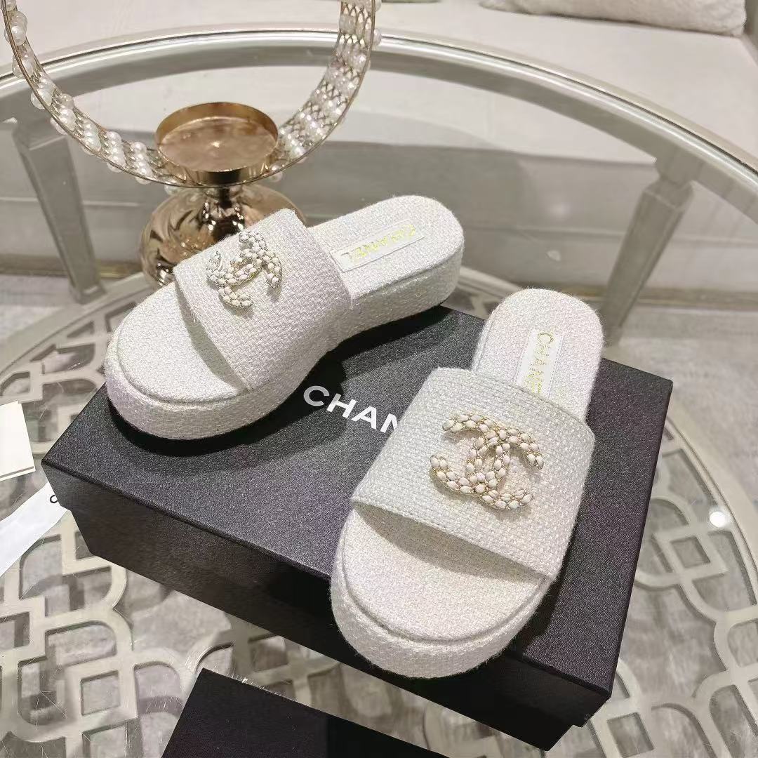 Chanel Tweed Platform Slides
