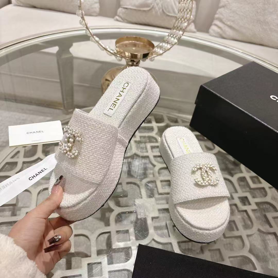 Chanel Tweed Platform Slides