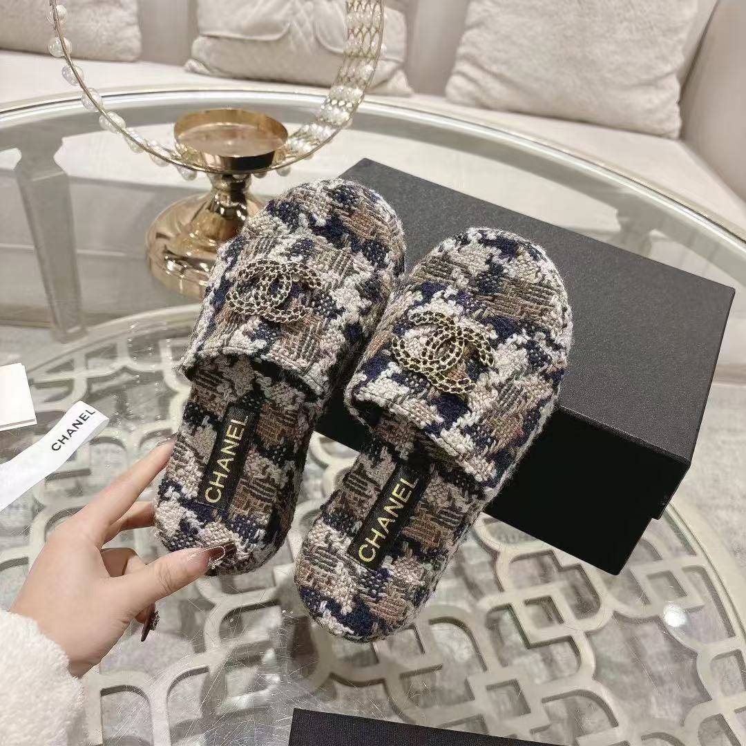 Chanel Tweed Platform Slides