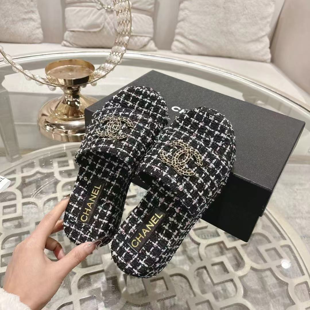 Chanel Tweed Platform Slides