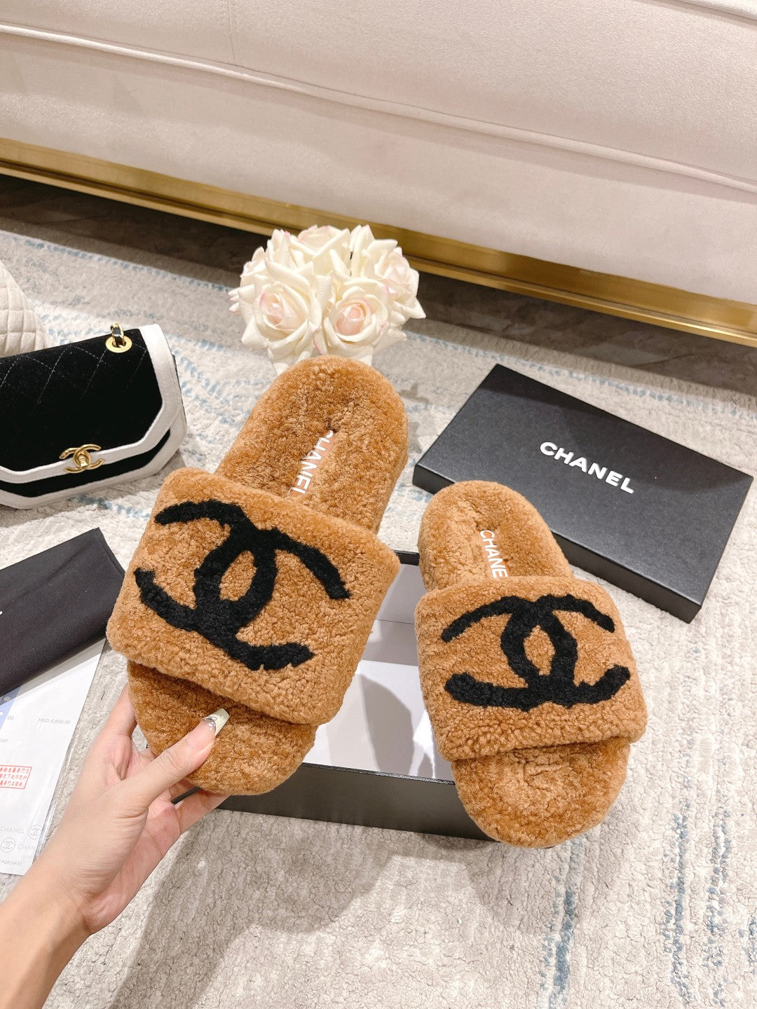 Chanel Fluffy Slides