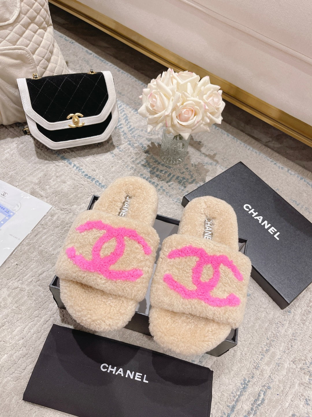 Chanel Fluffy Slides