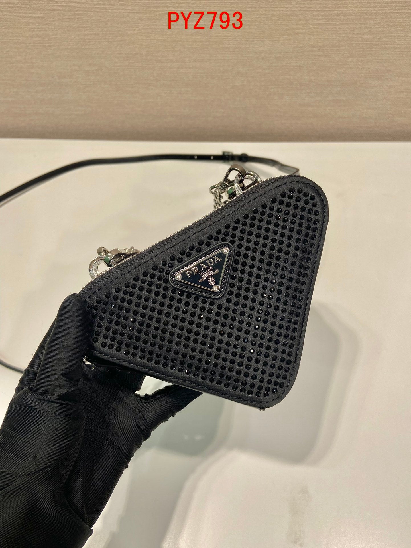 Prada Triangular embellished satin and leather mini-pouch