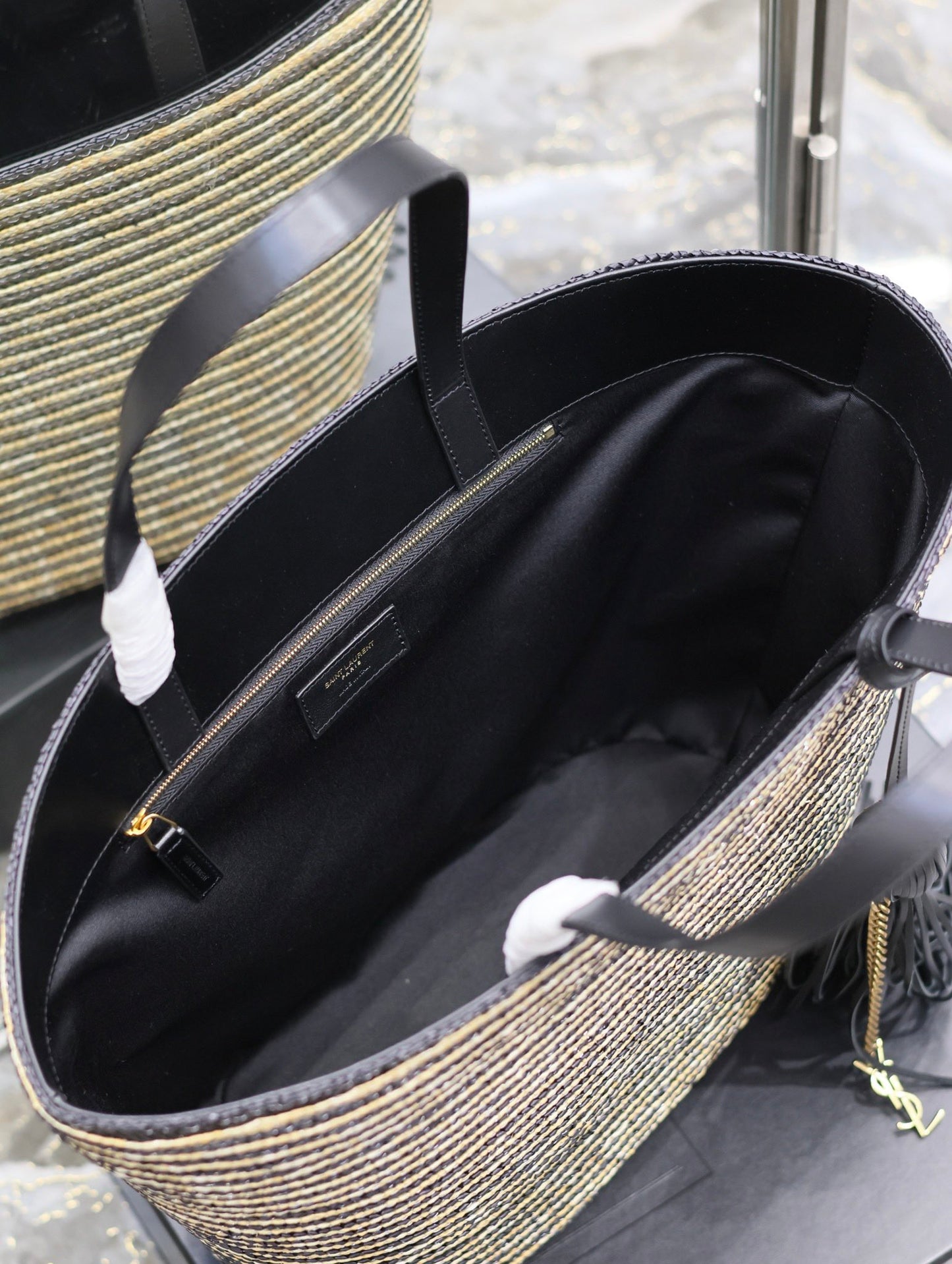 YSL east-west Striped Straw Shopping Tote Bag