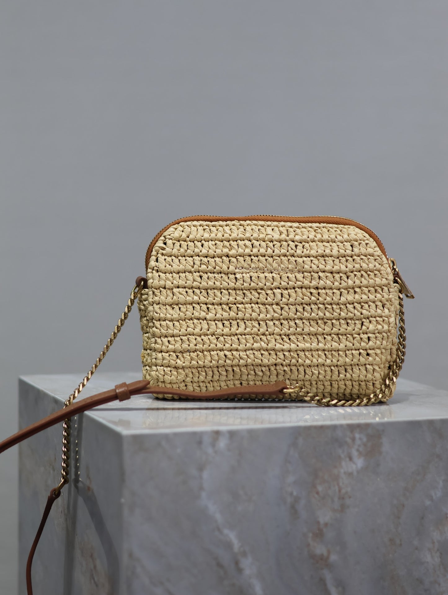 YSL Gaby leather-trimmed raffia shoulder bag
