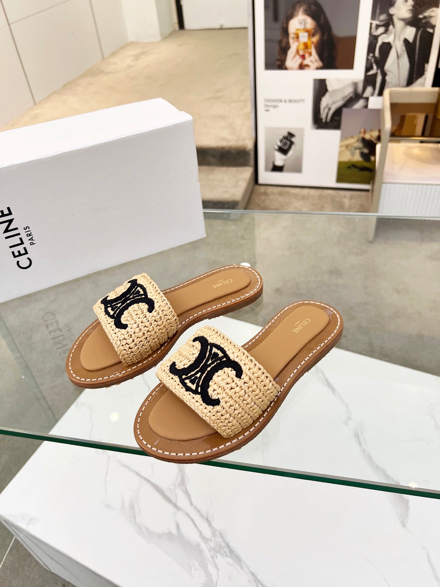 Celine Raffia Slides
