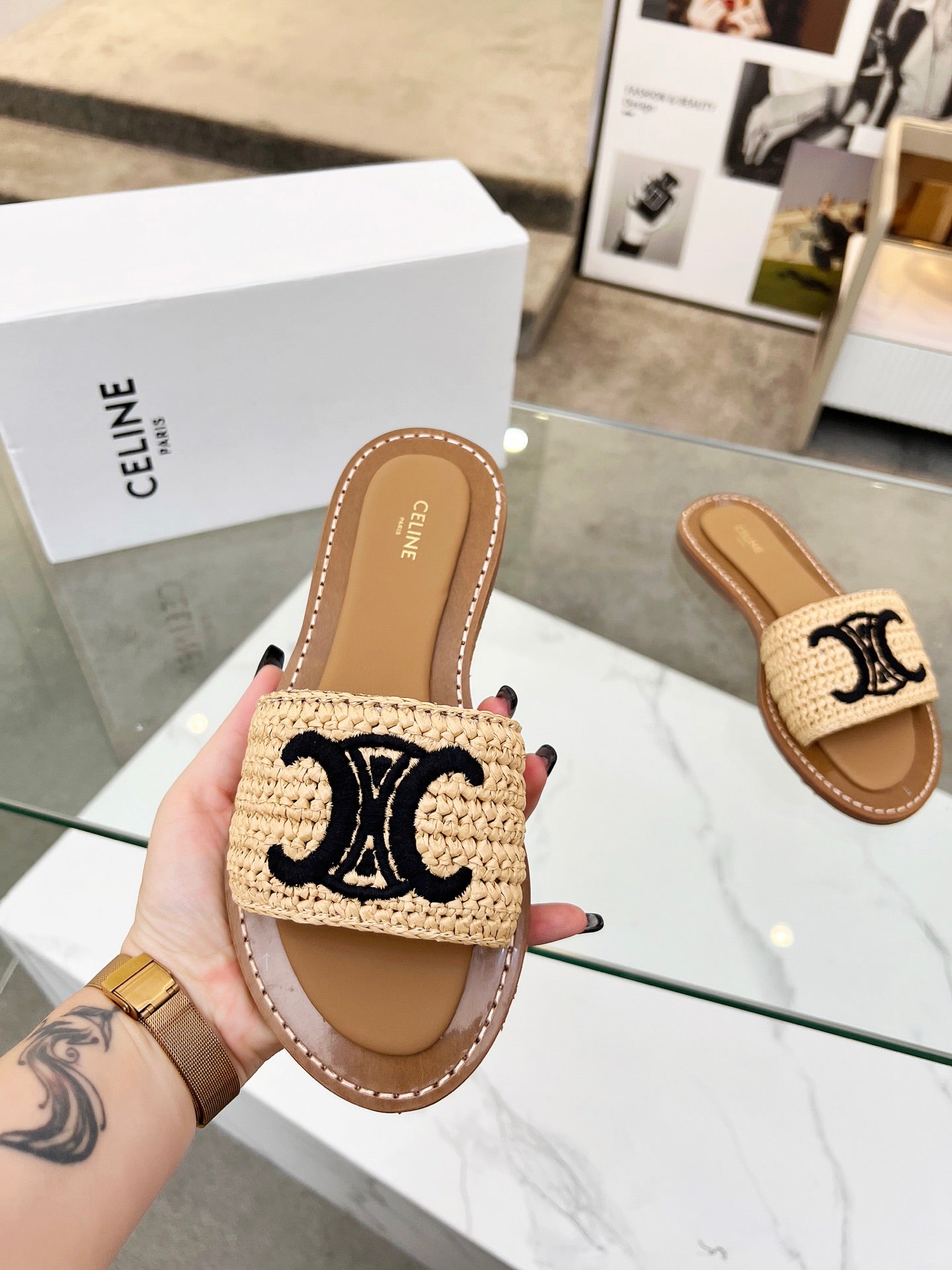 Celine Raffia Slides