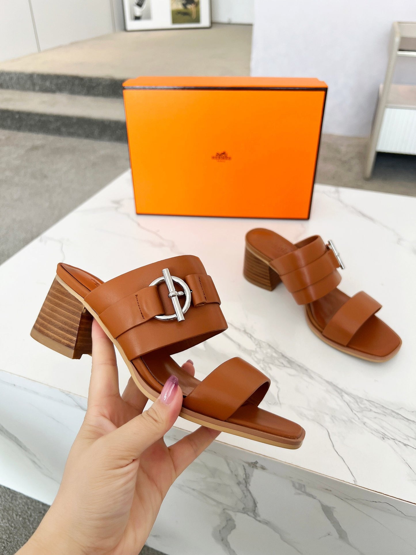 Hermes leather heels sandal