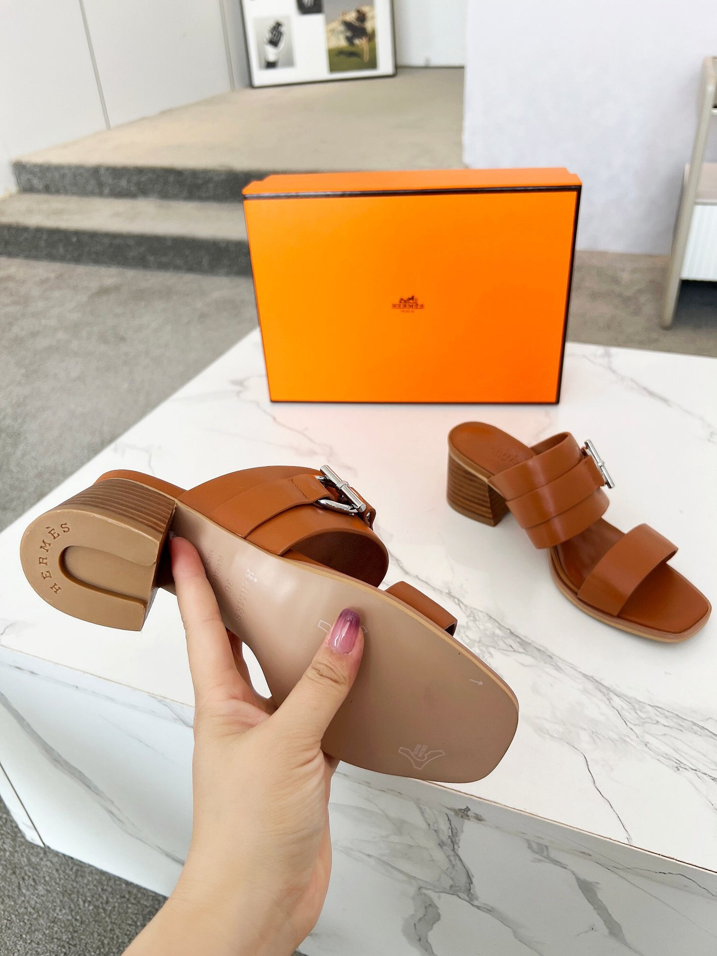 Hermes leather heels sandal