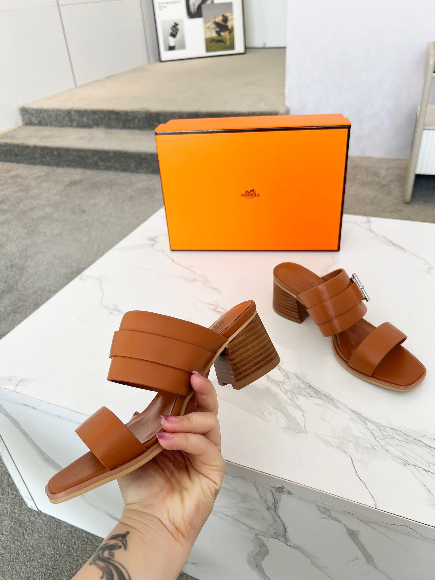 Hermes leather heels sandal