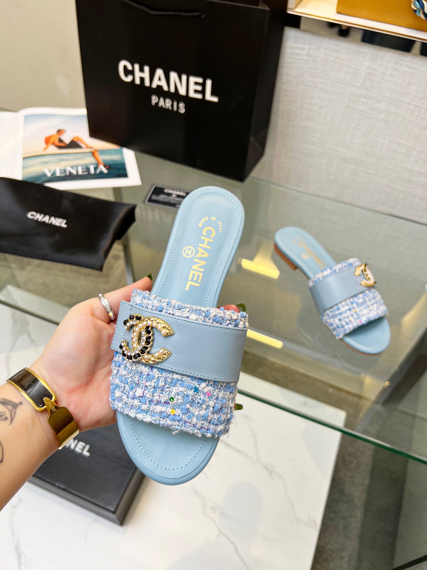 Chanel Tweed Slides