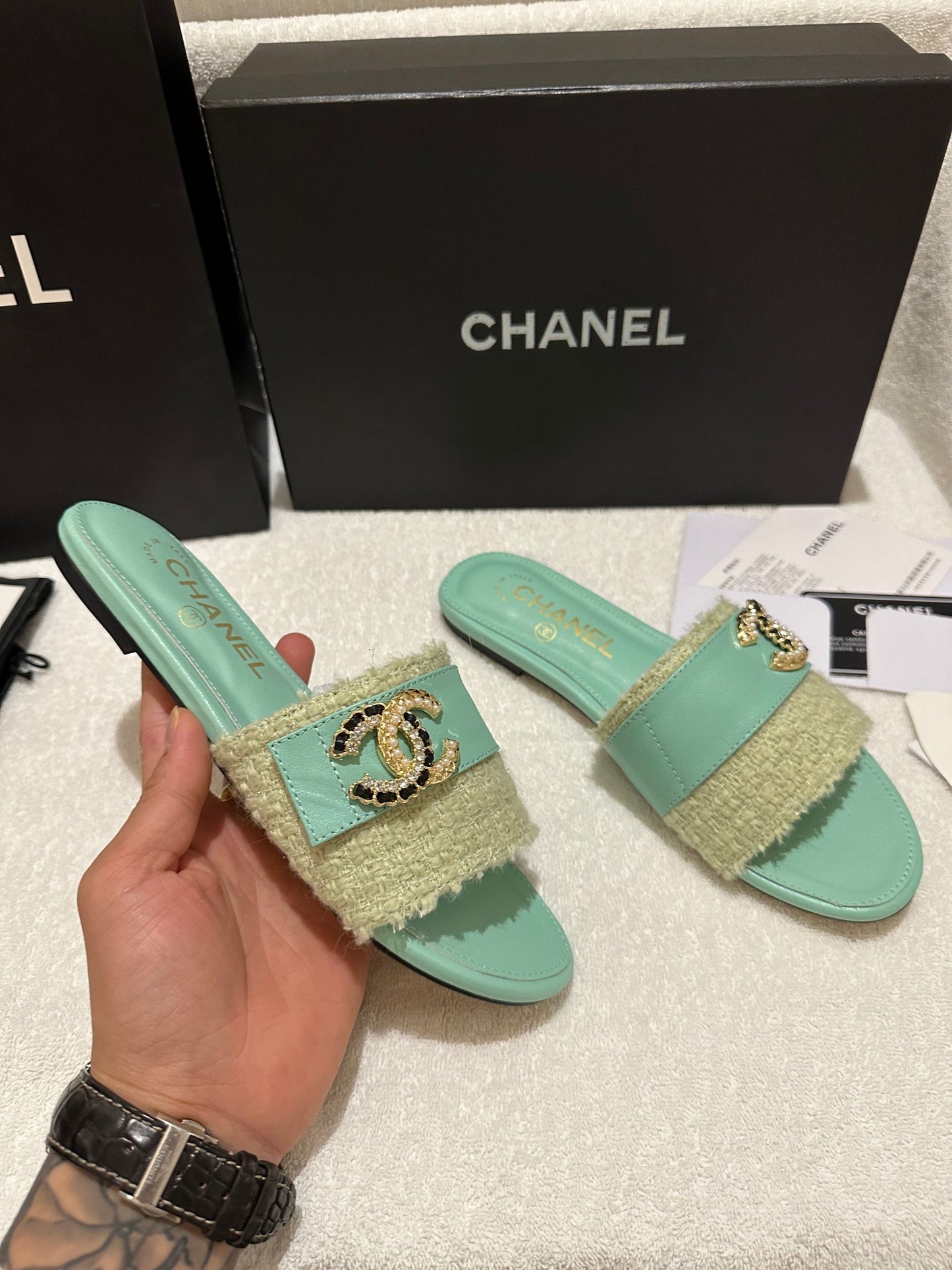 Chanel Tweed Slides