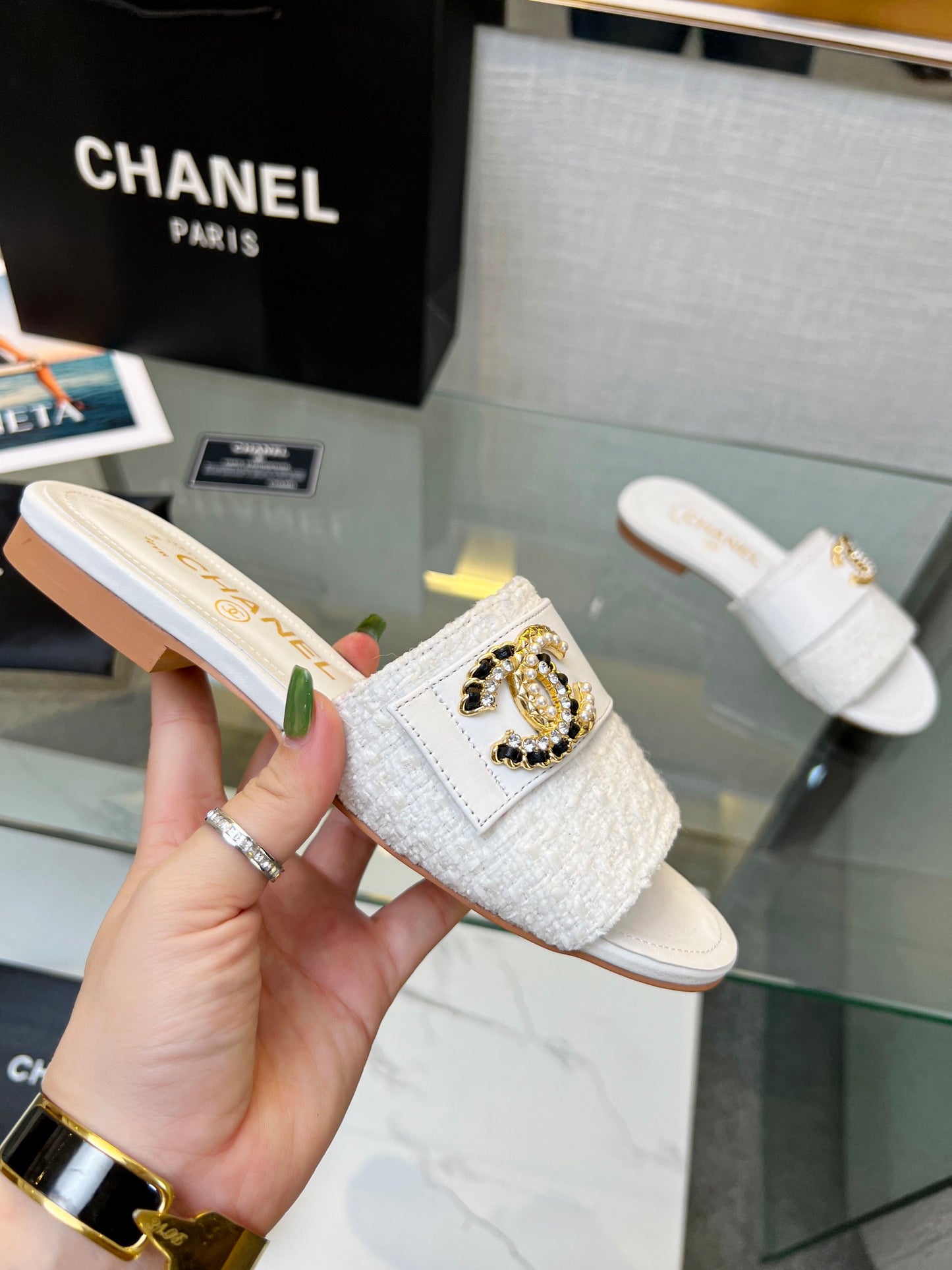 Chanel Tweed Slides