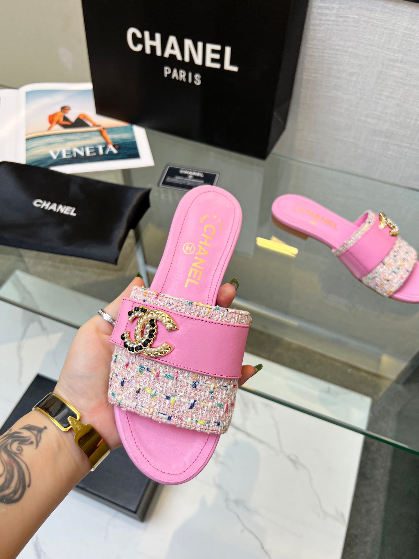 Chanel Tweed Slides