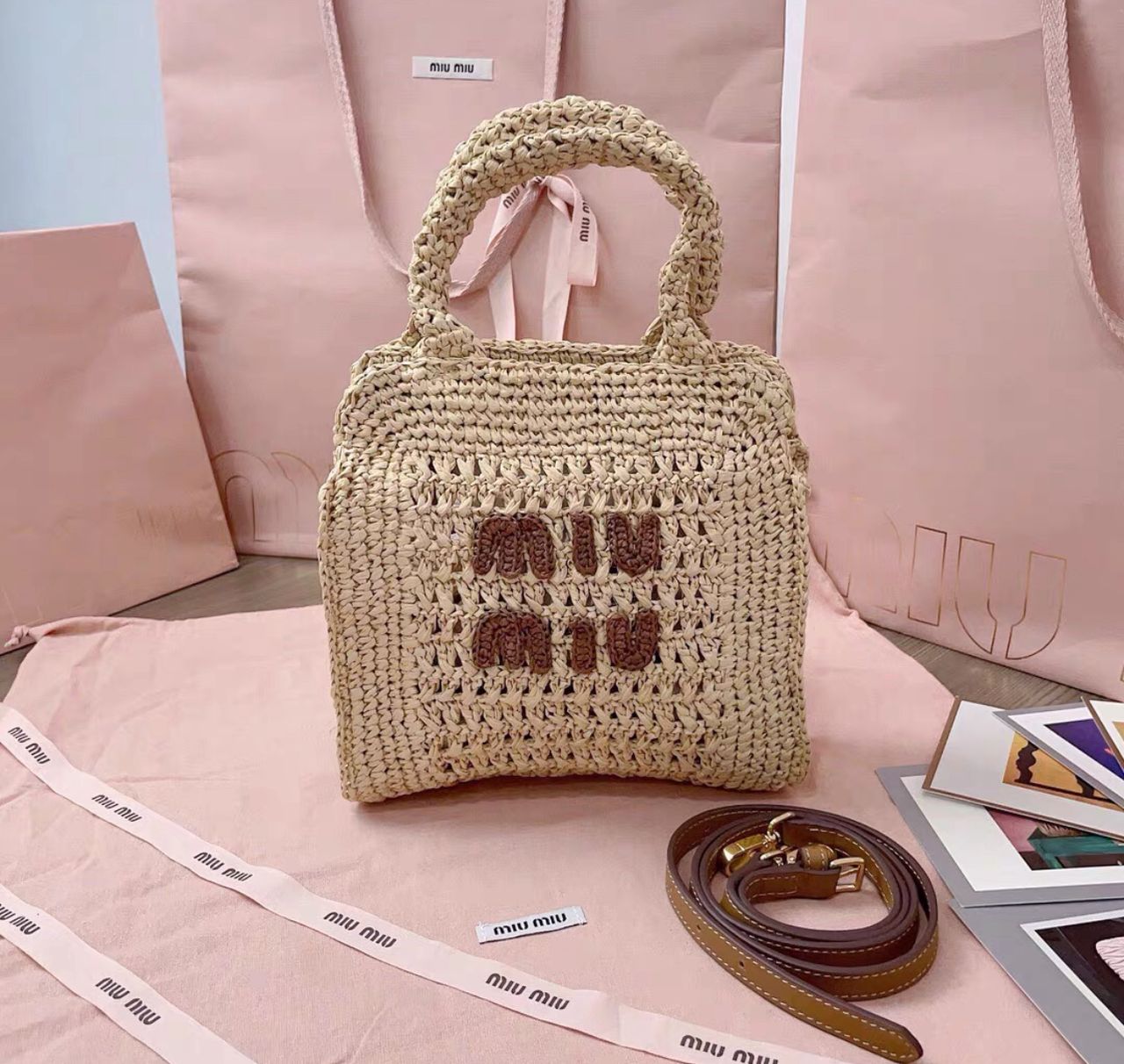 Miu Miu Straw Raffia-effect woven tote bag