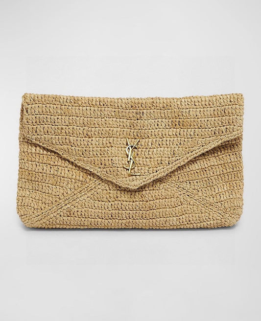 YSL Large YSL Envelope Pouch Clutch Bag In Raffia & Leather