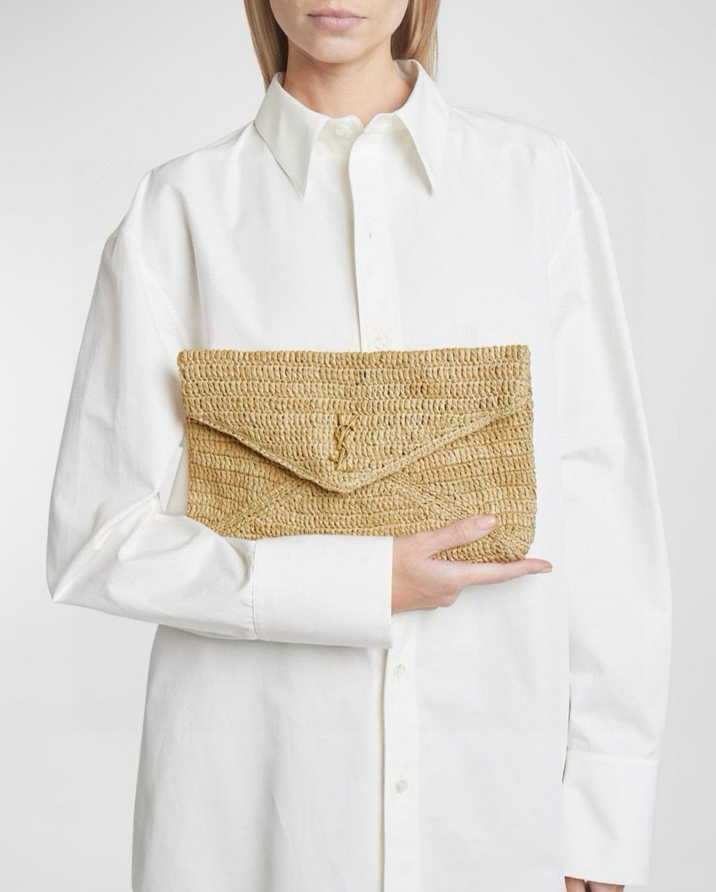 YSL Large YSL Envelope Pouch Clutch Bag In Raffia & Leather