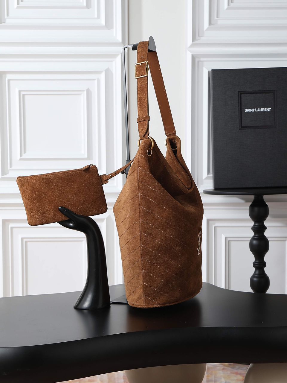 YSL Niki Cassandre suede bucket bag