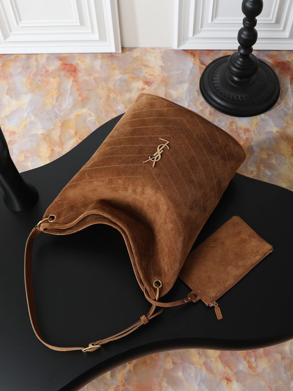 YSL Niki Cassandre suede bucket bag