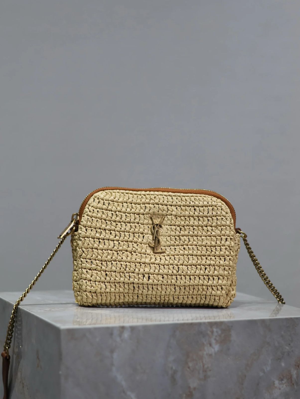 YSL Gaby leather-trimmed raffia shoulder bag