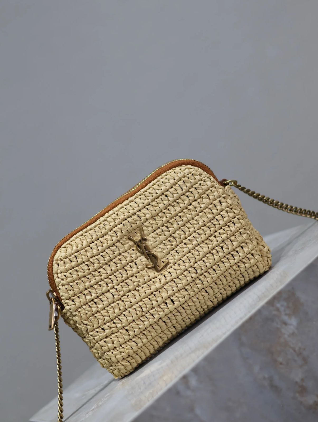 YSL Gaby leather-trimmed raffia shoulder bag