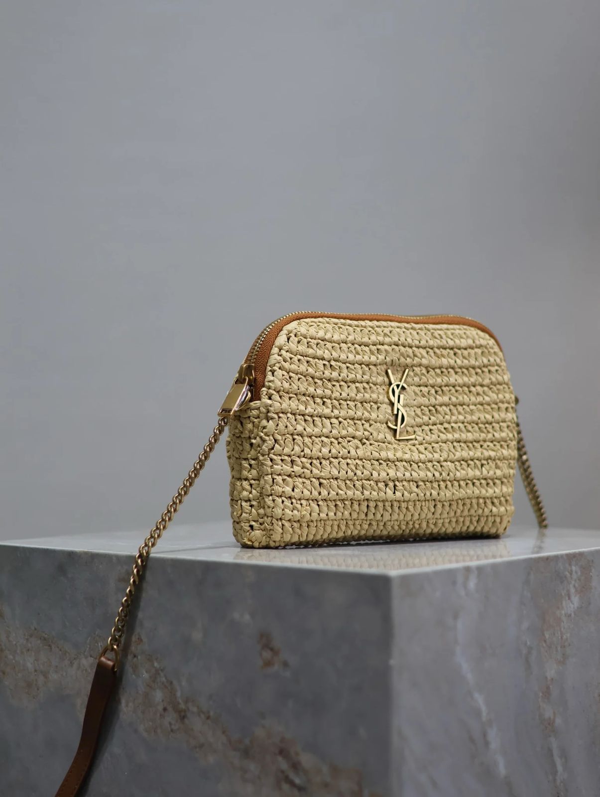 YSL Gaby leather-trimmed raffia shoulder bag