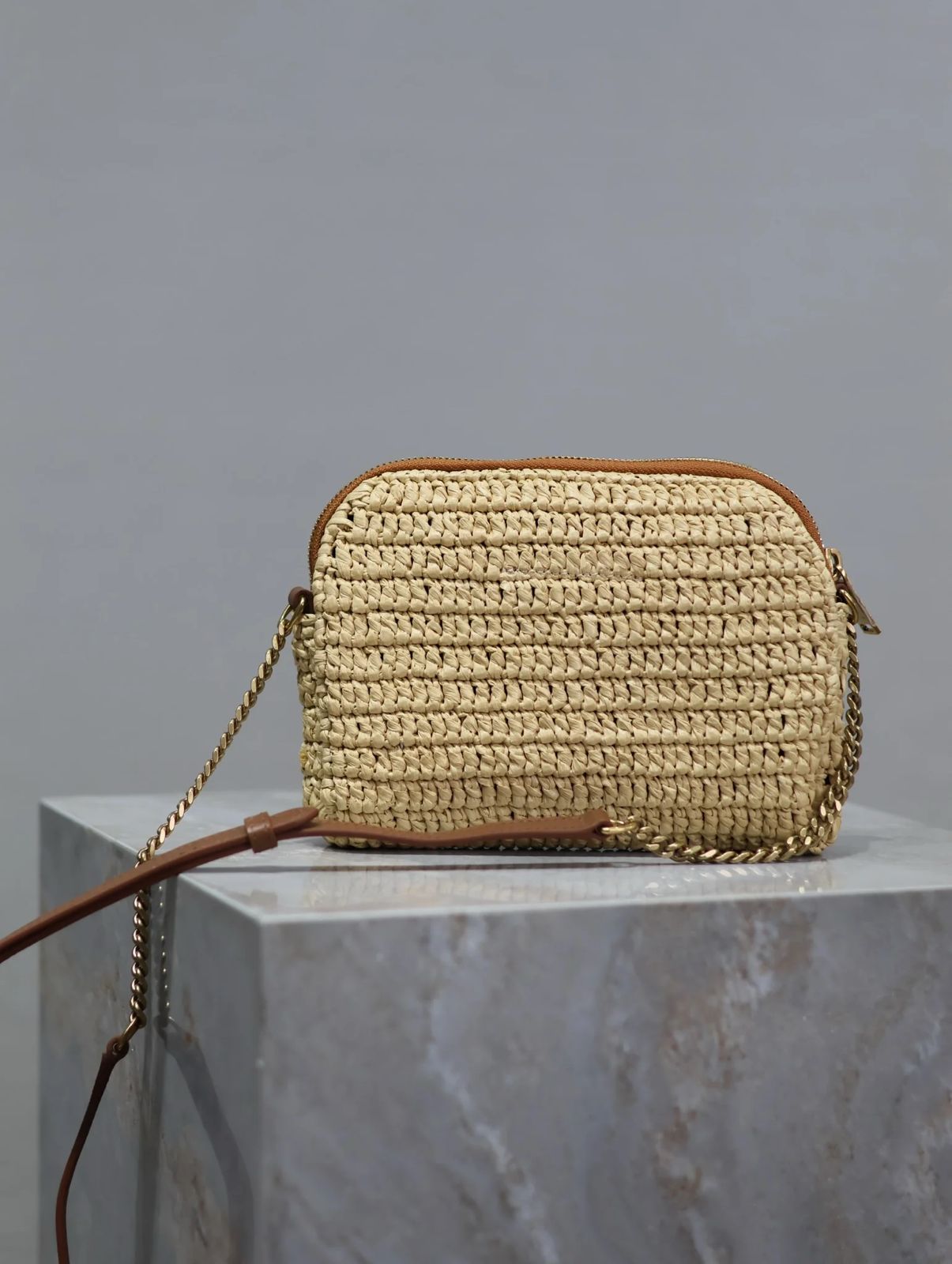 YSL Gaby leather-trimmed raffia shoulder bag
