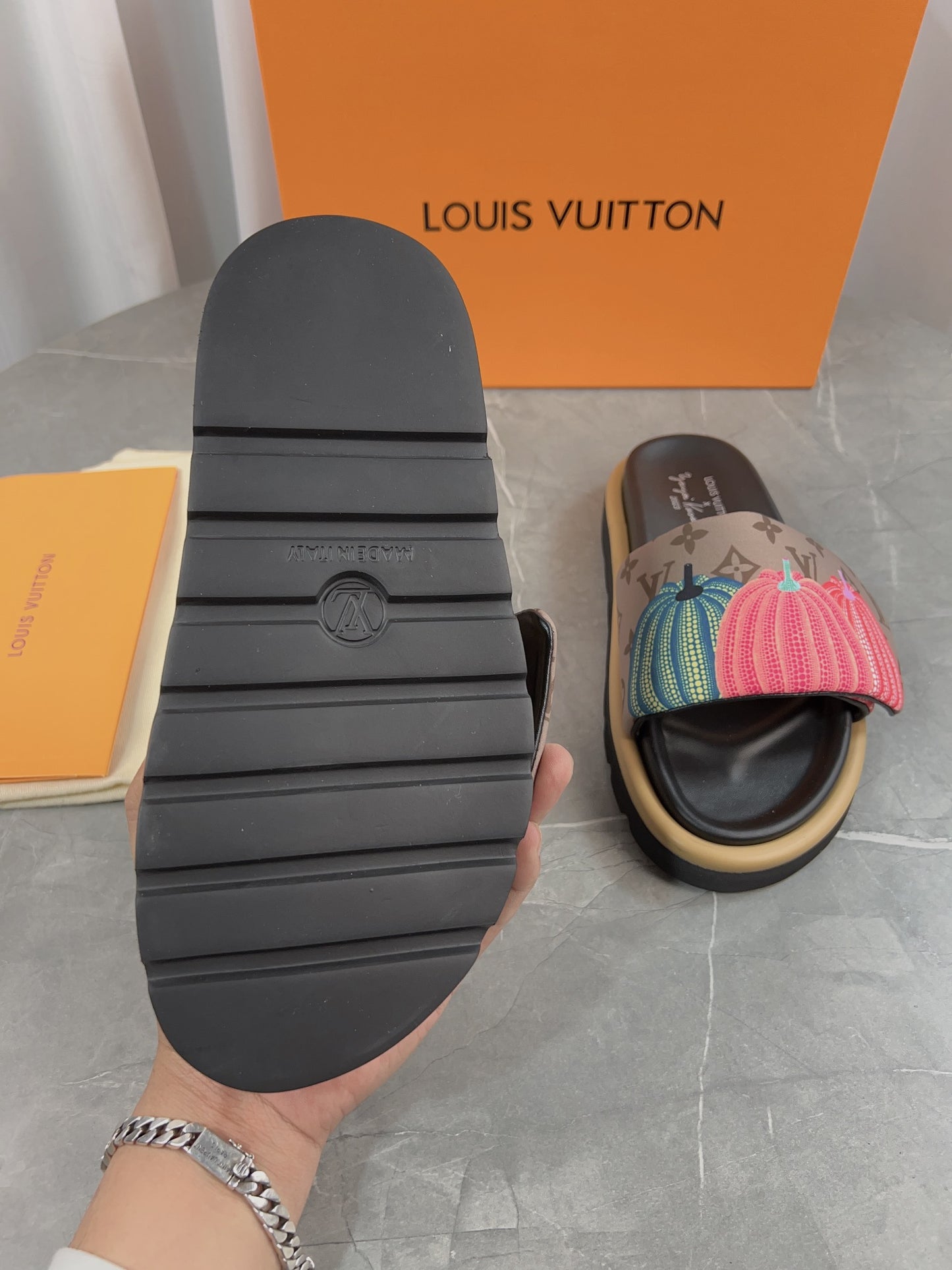 Louis Vuitton slippers x YK Pumpkin edition