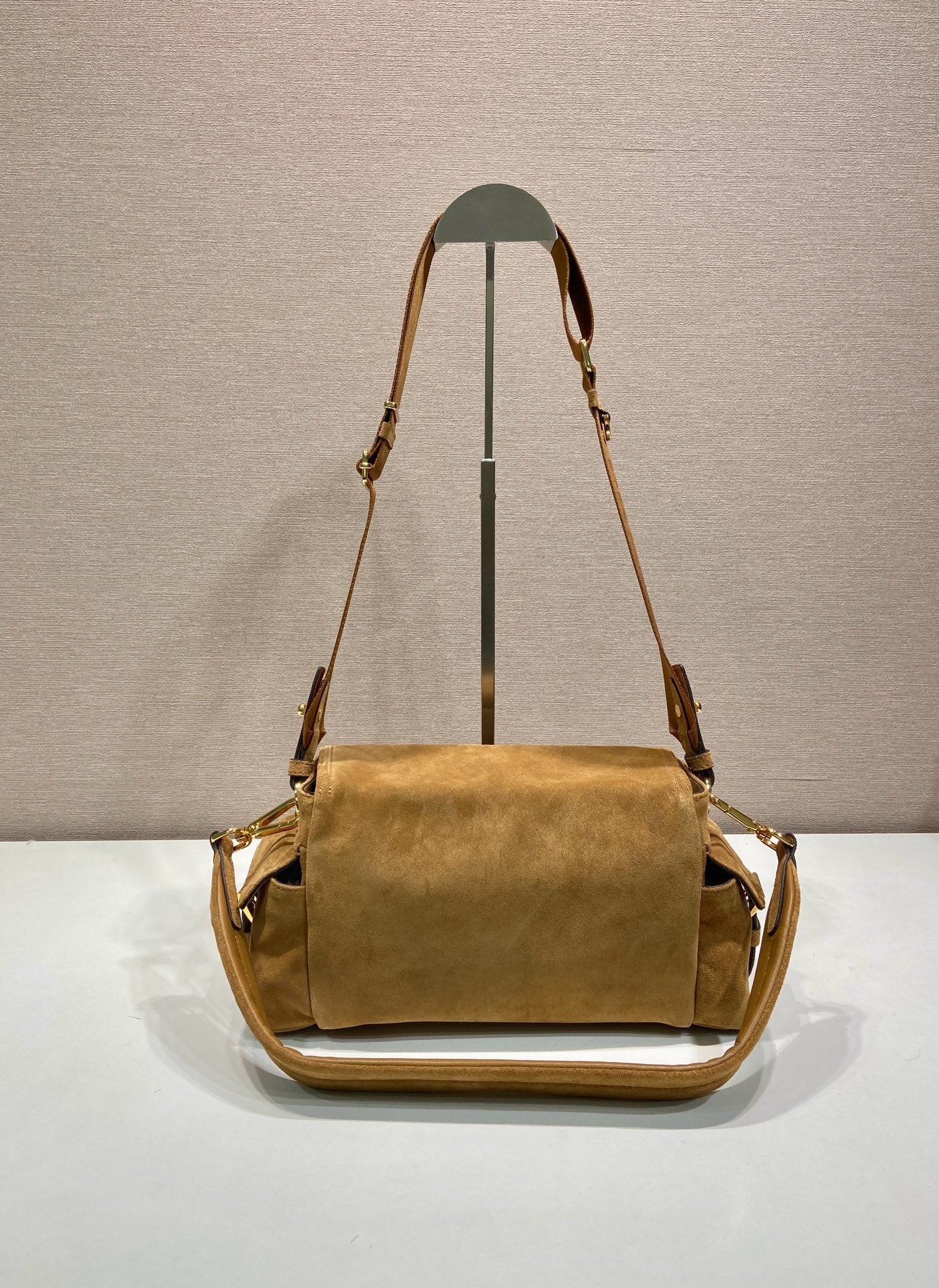 Prada Explore medium suede shoulder bag with fla