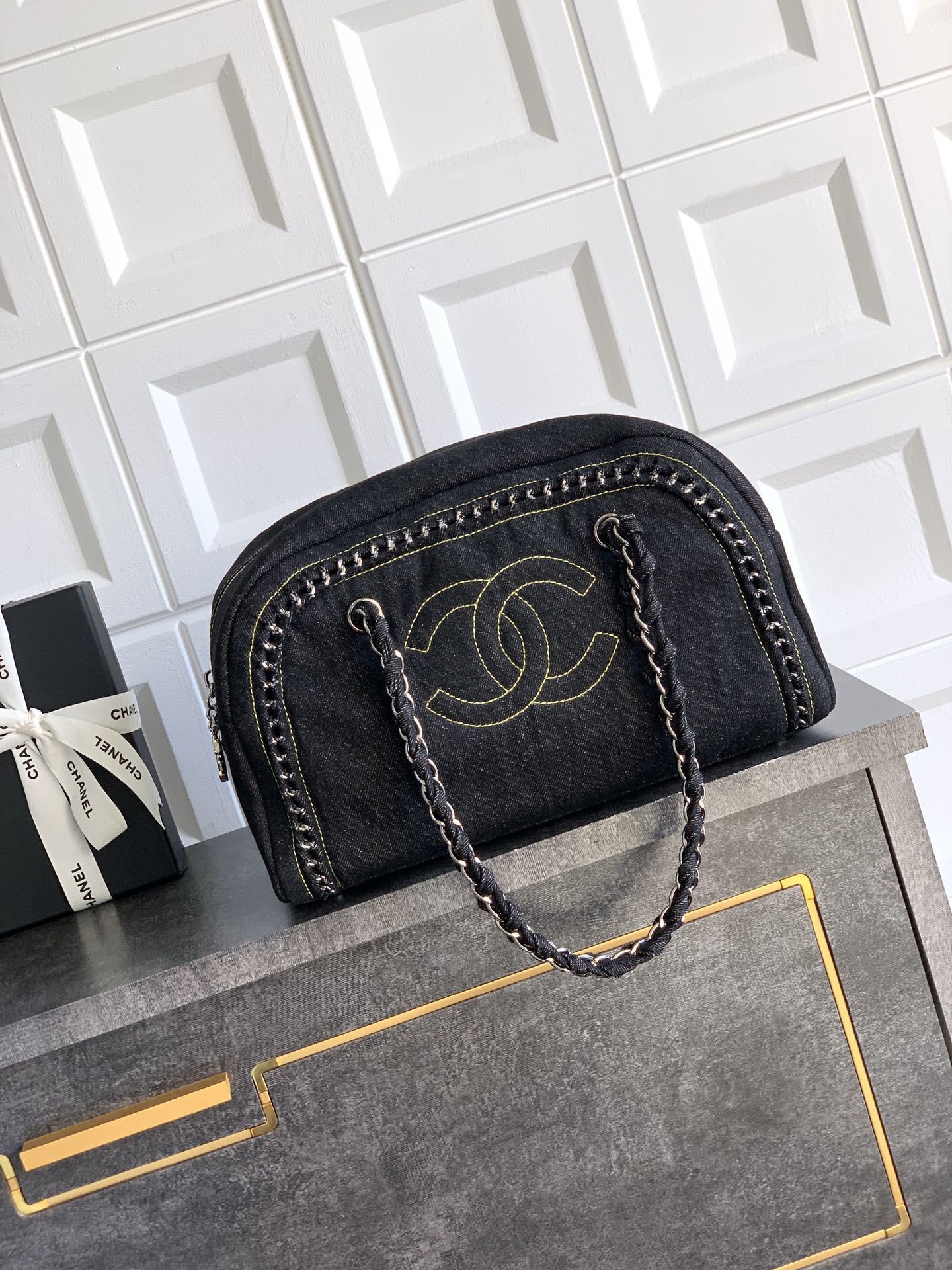 Chanel Black Denim bowling bag