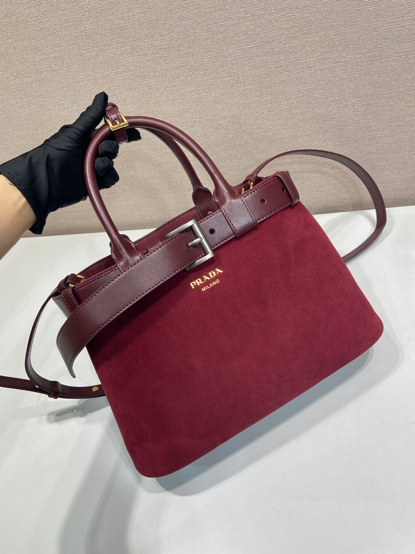 Prada Buckle medium and large suede bag with belt