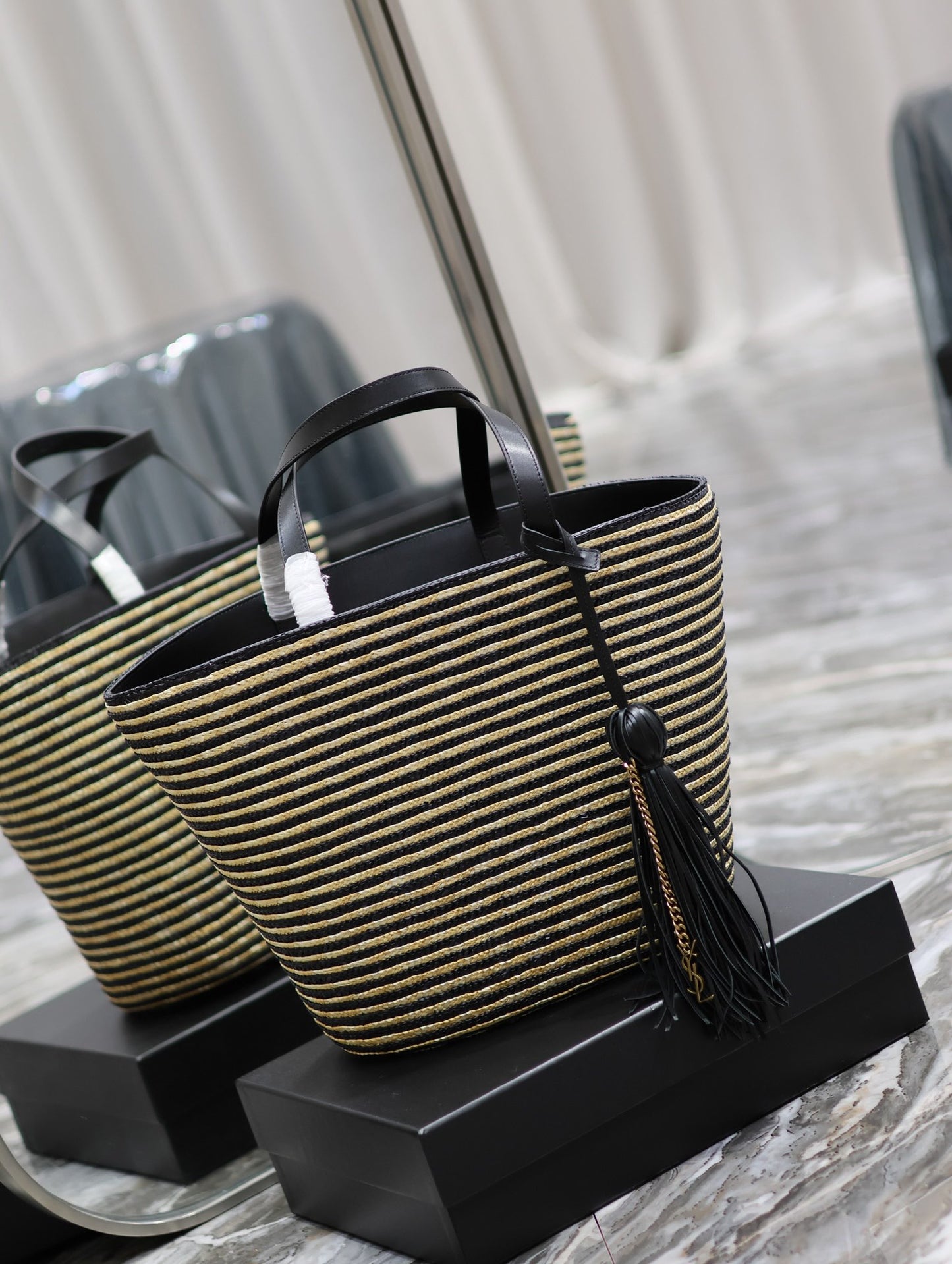 YSL east-west Striped Straw Shopping Tote Bag