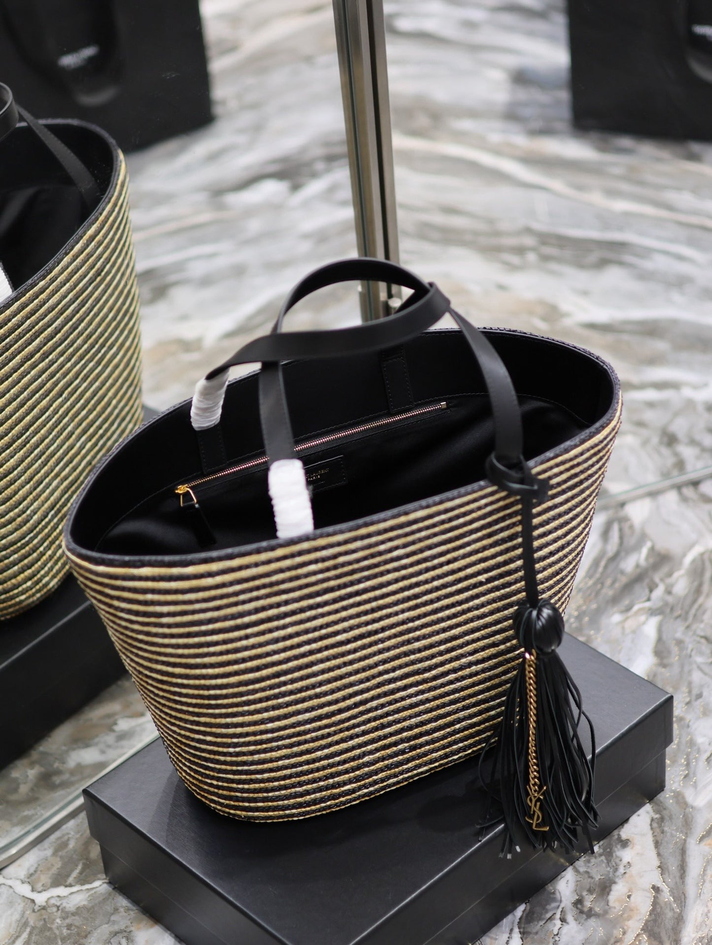 YSL east-west Striped Straw Shopping Tote Bag
