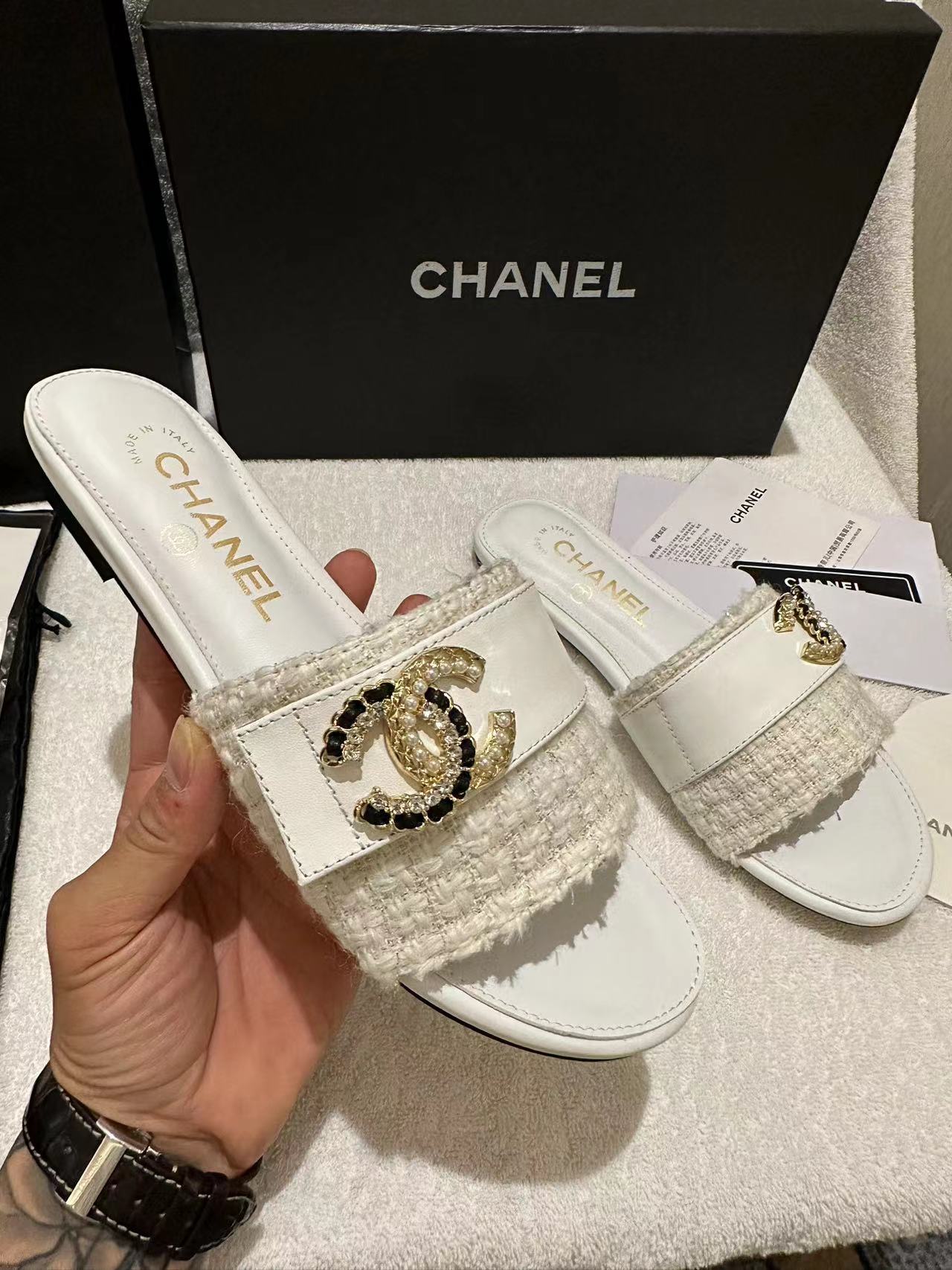 Chanel Tweed Slides